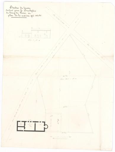 Étendue du terrain destiné pour le presbytère du bourg du Givre, et plan de la maison qui existe : [plan de situation, plan au sol], façade du bâtiment.